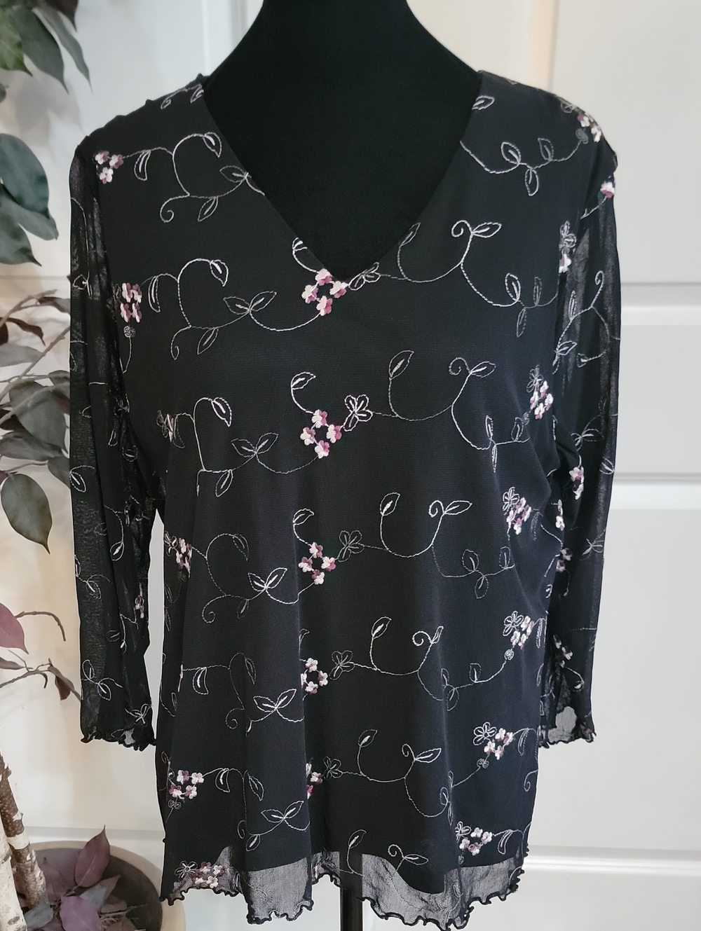 (#36) Ninety Black Long Sleeve V-Neck Top with Pink & White Floral Embroidery